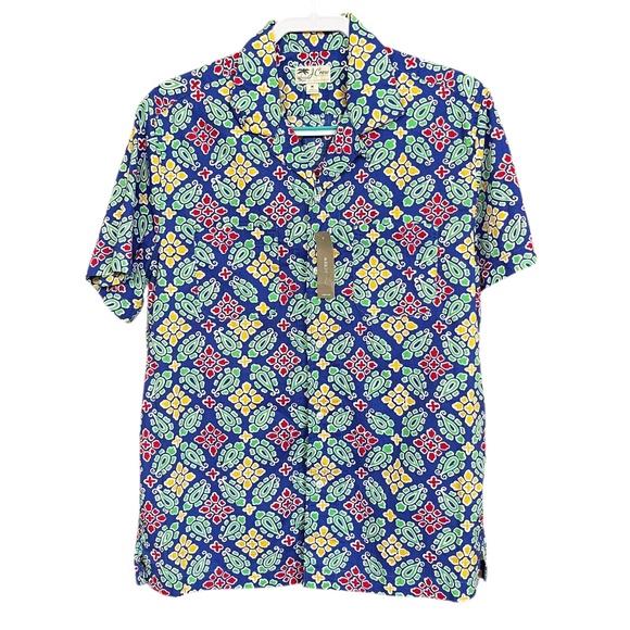 NWT J. Crew Blue Multicolor Slub Cotton Short Sleeve Collared Camp Shirt Size M - Picture 2 of 8